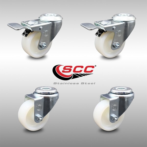 3 Inch SS Nylon Wheel Swivel Bolt Hole Caster Set with 2 Total Lock Brakes SCC